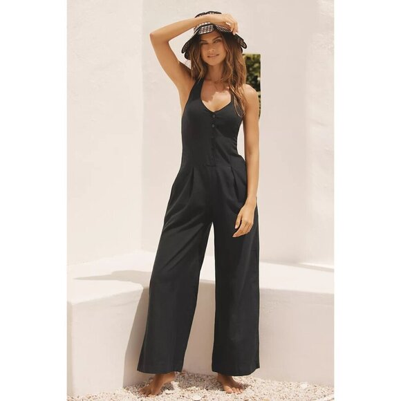 L*SPACE Alena Halter Wide-Leg Linen Jumpsuit in Black Size Small